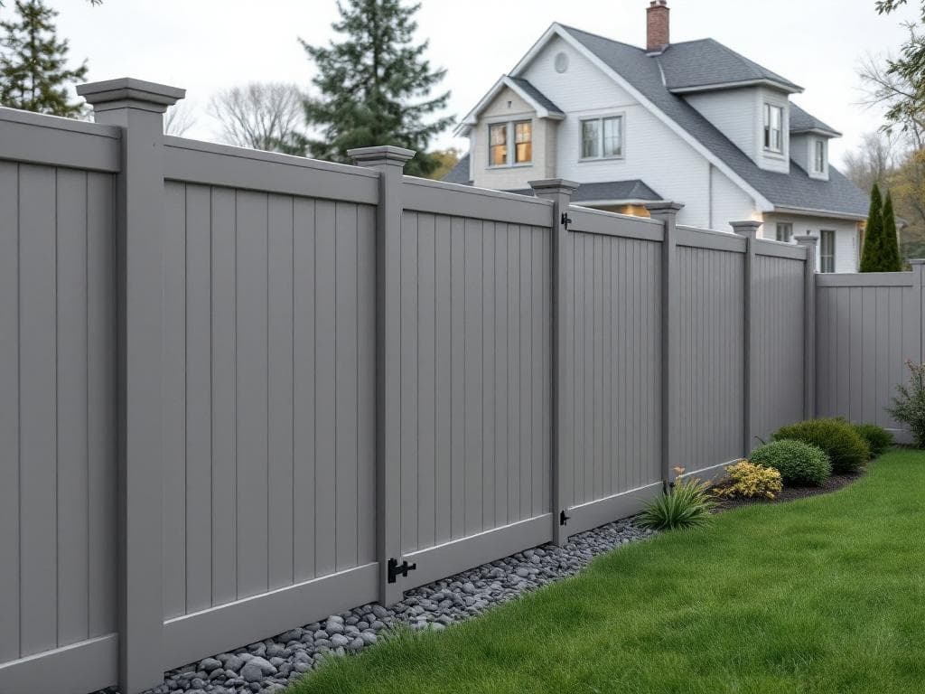 Grey vinyl privacy fence along a Southern NH backyard